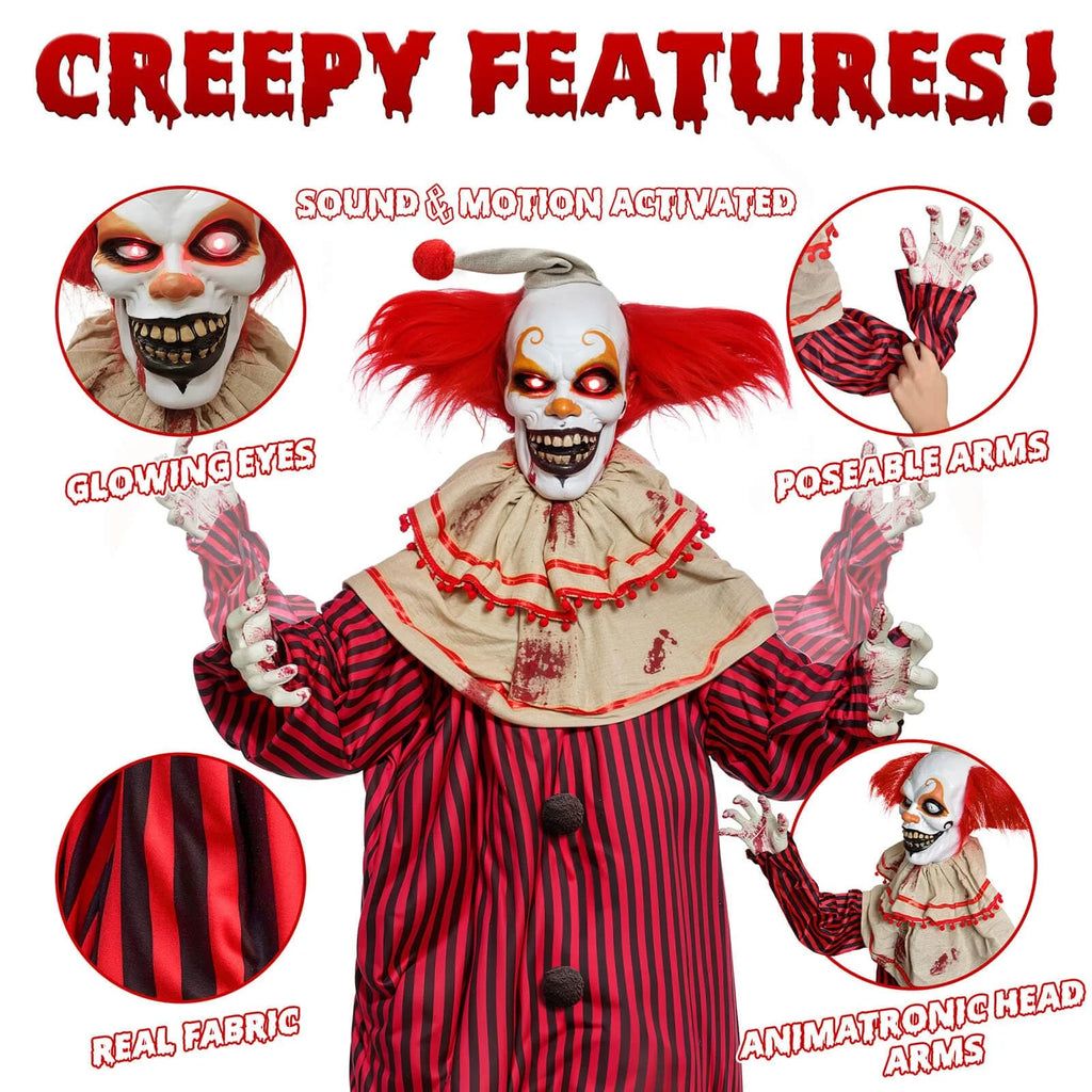 72" Halloween Decorations Outdoor Standing Animatronic Clown with Red Light up Eyes, Motion and Sound Activated Moving Arms and Head, Scary Clown Halloween Yard Patio House Decor