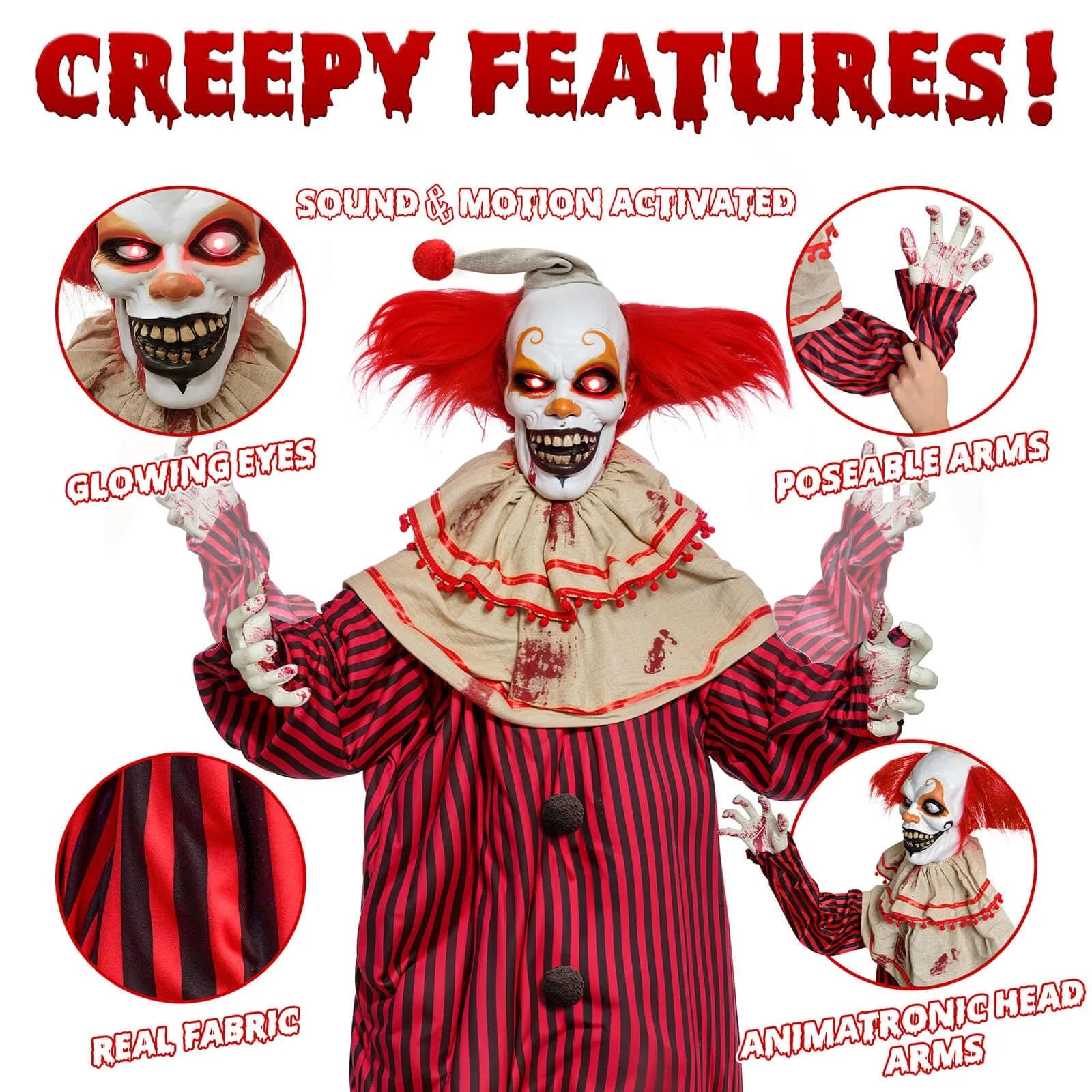 72" Halloween Decorations Outdoor Standing Animatronic Clown with Red Light up Eyes, Motion and Sound Activated Moving Arms and Head, Scary Clown Halloween Yard Patio House Decor